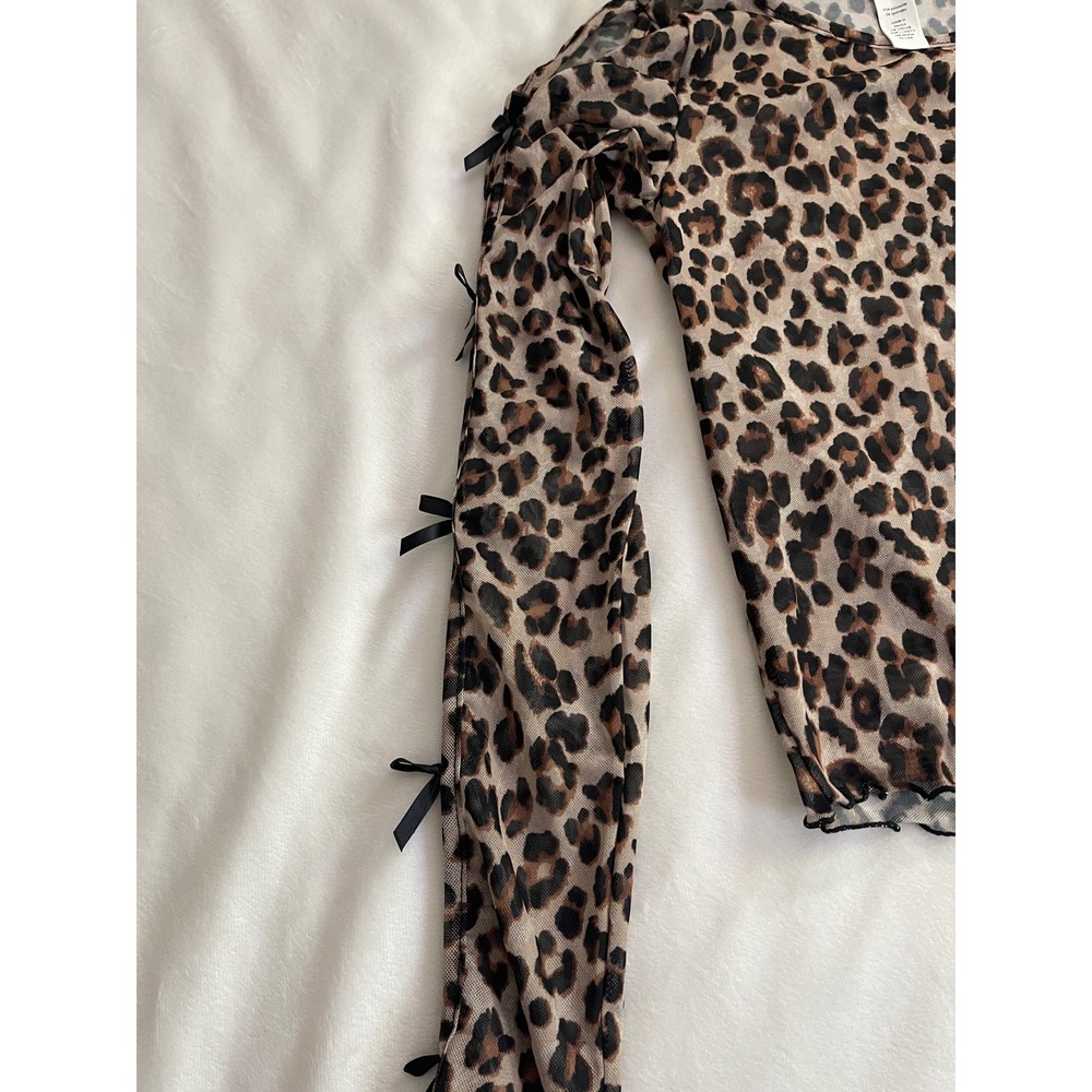 Full Tilt Leopard Mesh Top Long Sleeve Bow Cold Shoulder Brown Animal Print S - Picture 7 of 9
